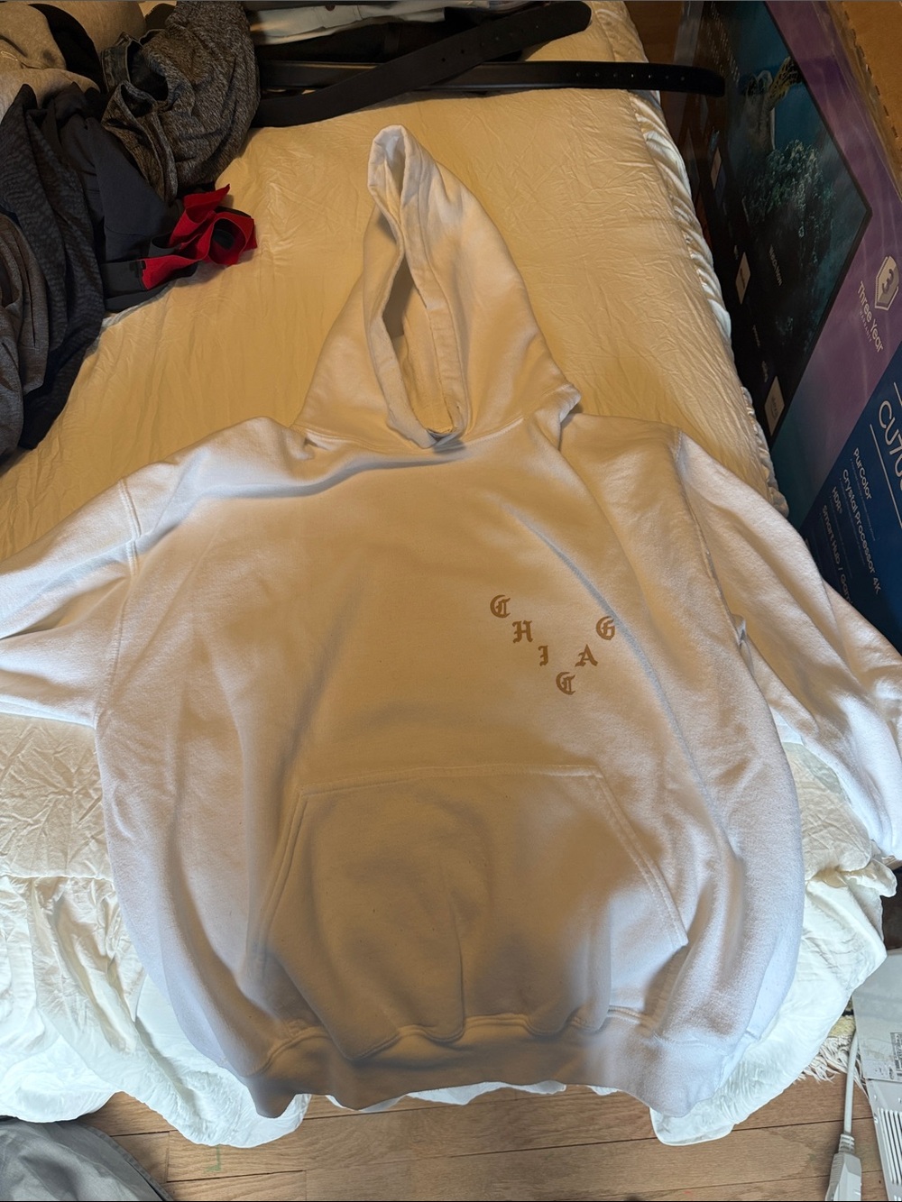 The life of Pablo Chicago White Hoodie with Gold Chest Lettering